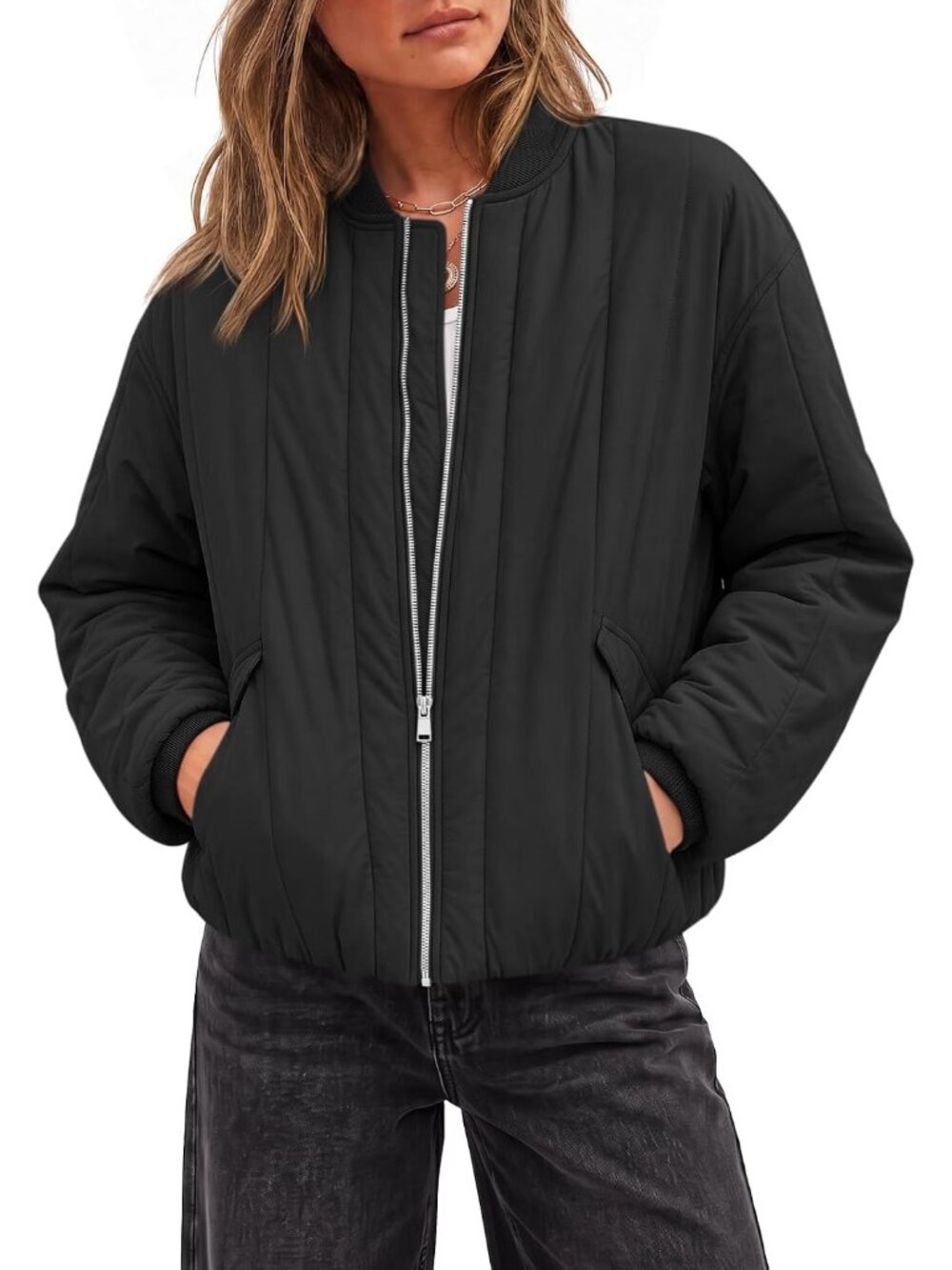 Womens Black Band Collar Long Sleeve Zip Up Long Sleeve Baggy Fit Bomber Jacket
